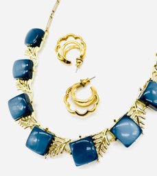 Goldtone And Blue Gemstone Necklace. Goldtone Pierced Earrings.