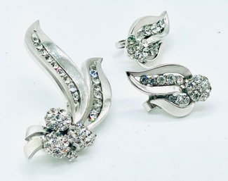 Rhinestone And Silvertone Brooch With Matching Clip Earrings