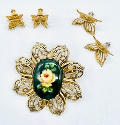 Goldtone Brooch, Dark Green And Yellow Flower Design. Butterfly Pierced Earrings. Two Sizes.