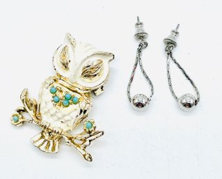 Silvertone And Goldtone Owl Brooch With Blue Gemstones. Silvertone Pierced Earrings.