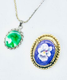 Silvertone Pendant With Green Gemstone On Chain. Purple Flower Goldtone Brooch.