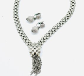 Silvertone Woven Chain Design Necklace And Trifari Silvertone Clip Earrings