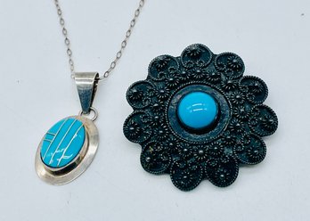 Sterling And Blue Gemstone Pendant & Chain. Brooch With Blue Gemstone. See Photos For Markings.