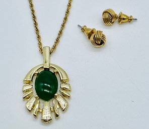 Dark Green Gemstone & Goldtone Pendant And Chain. Pierced Earring Post Goldtone.