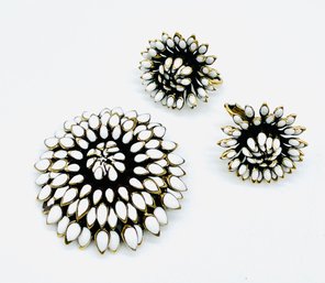 Black, White, Goldtone Flower Burst Brooch And Matching Clip Earrings