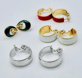 Hoop Earrings, Green, Red, White With Goldtone. Silvertone Earrings. Silvertone & White Earrings Are Clip.