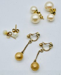 Faux Pearl Pierced Earrings, Gold Ball Dangle Clip Earrings