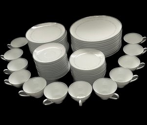 Noritake China, Brooklane - Cups And Saucers, Dessert, Salad, Dinner Plates. Silvertone Edges