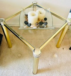 Small Glass & Goldtone Table Includes A Tray Of Candles And Decorative Rocks. Table Is 15 X 15 X 16 '
