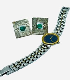 Tissot Ladies Watch. Untested. Clip Earrings With Green Gemstones.  Earrings Magnet Tested Silver.