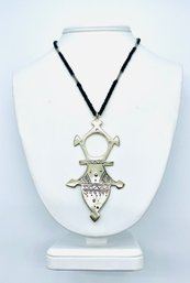 Tribal Pendant With Black Beads & Silver Accent Chain. Pendant Magnet Tested Silver.