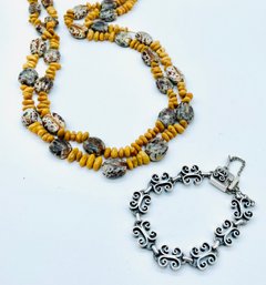 Sterling Bracelet: Mexico. See Photos For Markings. Speckled Beans And Beads Necklace - Browntones.