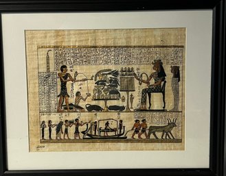 A Framed Vintage Egyptian Art Painting W/Certification Paintings Are On Papers Made Out Of Papyrus Plant