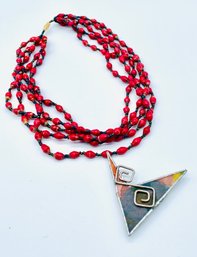 Creative Design Multicolor Brooch. Beaded Necklace With Red Beads.