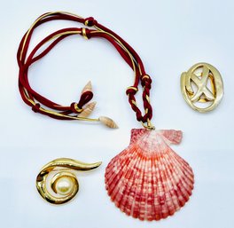 Real Seashell With Red & Goldtone Accent Necklace. Goldtone Pin With Faux Pearl. Goldtone XO Money Clip.