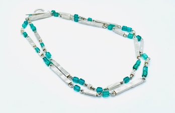 Biche De Bere Paris Designer Silvertone Necklace With Turquois Beads.