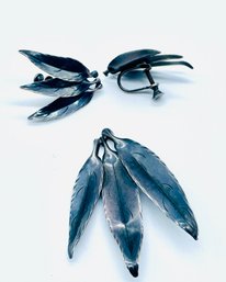 Sterling Brooch And Matching Clip Earrings, Feather Design