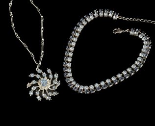 Chain Necklace, Starburst, Pendant, Choker. Light Blue, Silvertone, Goldtone