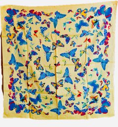 Brilliant Yellow Cotton Scarf With Butterflies By Echo. 29 X 29.