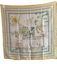 Talbots Silk Scarf-pale Yellows, Greens. Travel Scenes Of Palm Trees, Sailboats, Airplanes, And Flowers.