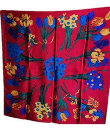 Brilliant Red Silk Scarf With Colorful Flowers. 30 X 30.