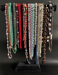 Lot Of Colorful Long Beaded Necklaces. Some Gemstones. Goldtones. Silvertones.
