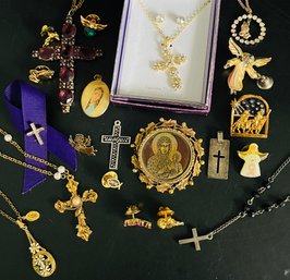 Religious Collection: Pins, Necklaces, Gemstones. Goldtones. Silvertones.