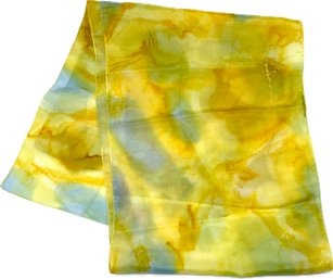 Silk Scarf, Yellow And Blue Watercolor Design, 50 X 10