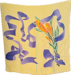 Silk Scarf. Yellow Background With Blue Ribbon And Orange Flowers Design. 33 X 33.