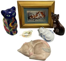 Cat Figurines And A Wall Decor, Framed Art