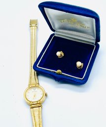 Helbros Ladies Watch With Gemstone. Goldtone. Pierced Earrings With Pearl And Goldtone Leaf Design