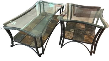 Set Of Glass Coffee Table And Side Table, With Tile, Large Table - 51x29x20, Small Table- 30x30x26