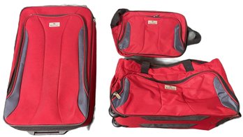 3 Pieces Protege Red Travel Bags, Rolling Duffel Bag, Luggage, And Strap Bag - 21x13x8