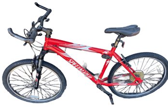 Red Bicycle By Specialized Brand With Shimano 8 Speed Shift, Horn Handle Bar, Vetta Corsalite Bag And Helmet