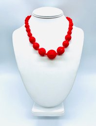 Vintage Red Plastic Beaded Necklace And Matching Pierced Earrings