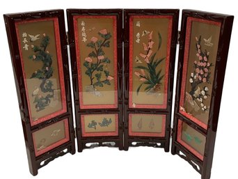 Black Lacquer Carved Jade And Stone Floral Shadow Box Table Screen