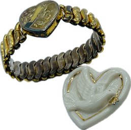 Goldtone Heart Elastic-band Bracelet. Tarnished On Edge. See Photos. Porcelain Lennox Dove Heart-shaped Pin.