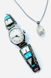 Silver & Gemstone Timex, Ladies Elastic-band Watch. Untested. Pendant & Silvertone Chain. Silver Clasp.