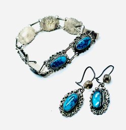 Silver And Turquoise Bracelet With Matching Pierced Earrings. Bracelet Missing Stone. See Photo.