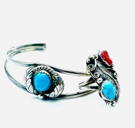 Turquoise, Coral And Silver Bracelet And Ring. See Photo For Size