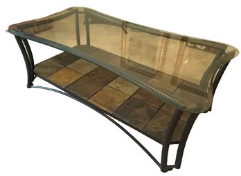 Glass Coffee Table And Side Table With Tile Inserts - 54x29x20