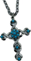 Silvertone And Turquoise Crucifix And Chain