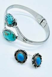 Sterling Turquoise Pierced Earrings. Turquoise Bracelet With Hammered Silvertone Wrist Band.