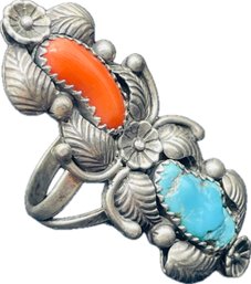 Sterling  Turquoise And Coral Ring. See Photo For Sizing.