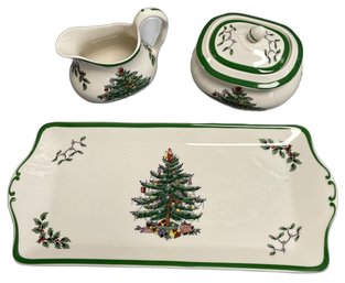 Spode Christmas Tree Rectangular Scalloped Tray Microwave Dishwasher Safe, A Tea Pot And Sugar Container