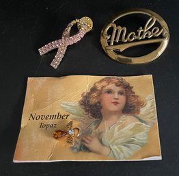 November Topaz Lapel Pin, Breast Cancer Awareness Pin, 'mother' Brooch. Goldtones