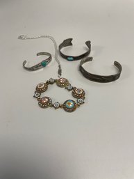 Turquoise & Silver Colored Bracelets, Ornate Bracelet, Feather Necklace. No Markings.