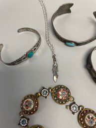 Turquoise & Silver Colored Bracelets, Ornate Bracelet, Feather Necklace. No Markings.