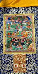 Green Tara Tibetan Buddhist Thangka Hand Painted, Silk Framed - 53.5L X 35W