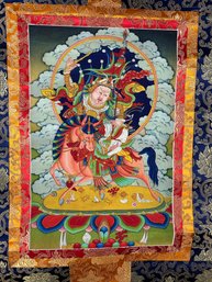 King Gesar Thangka Hand Painted, Silk Framed - 34L X 22W